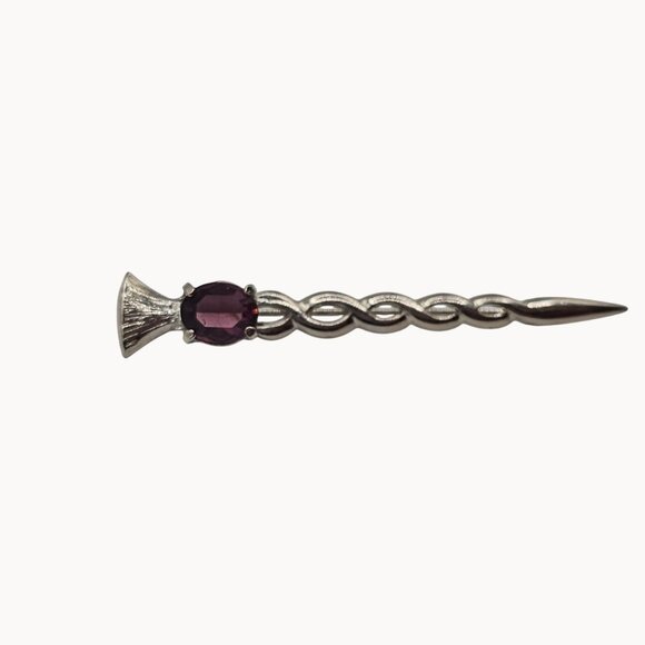 Silver-Tone Celtic Weave Scepter Point Amethyst Purple Rhinestone Brooch Pin - Picture 2 of 11